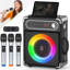 Haut-parleur de vacances pour machine à karaoké avec 3 micros, haut-parleur portable Bluetooth, haut-parleur de graves de 5,25 pouces, système audio ambiophonique à deux haut-parleurs prenant en charge plusieurs caissons de basses audio stéréo