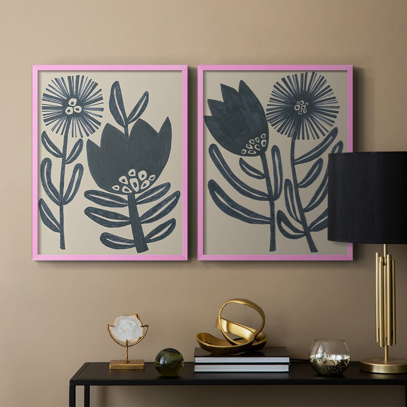 «Blockprint Folk Flowers I», reproduction encadrée de qualité supérieure - prête à être accrochée - aucun clou requis - aucun clou requis