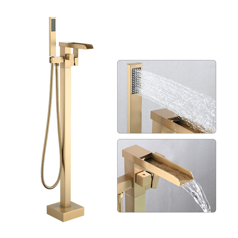 Robinet de douche cascade à haut débit, robinet de baignoire autoportant avec douche à main, Doré