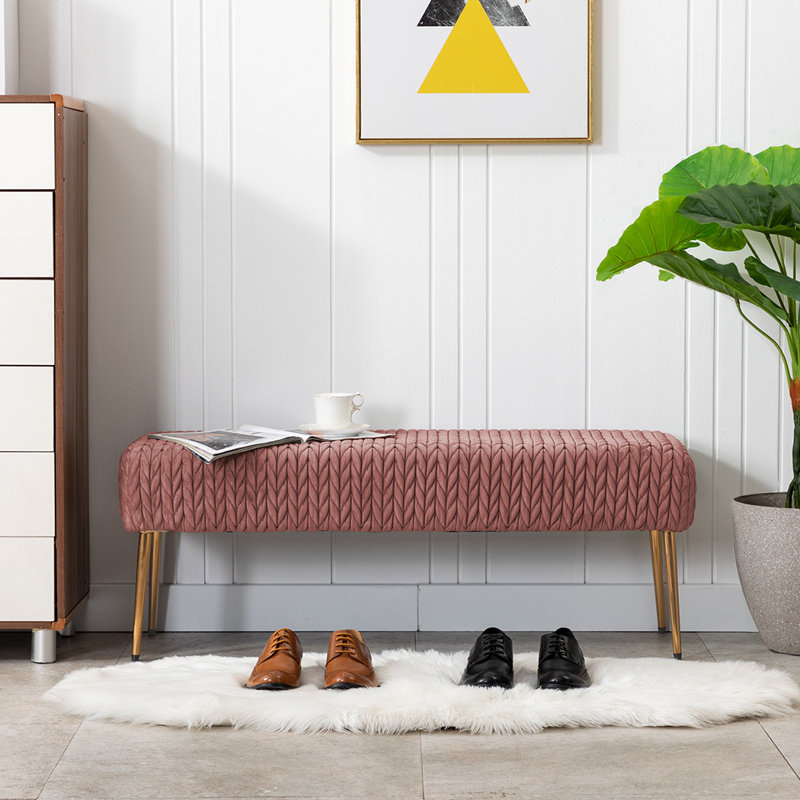 Aghvarth Tufted Geometric Stitch Velvet  Upholstered Bench, Pink