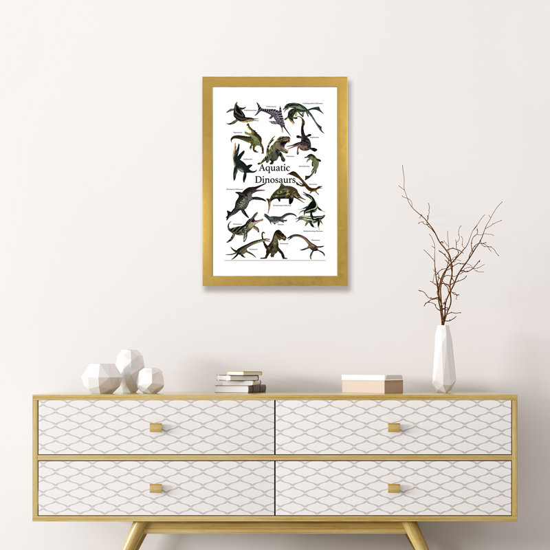 «Aquatic Dinosaurs» par Corey Ford - impression d'art graphique, H 24 po x l 16 po x P 1 po, Papier encadré doré, Blanc