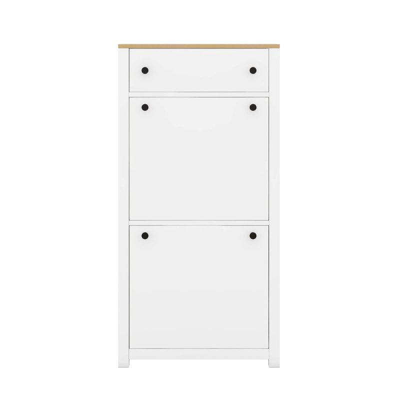 Free Standing Shoe Rack With 2 Flip Drawers And Adjustable Panel, Wood Grain Pattern Top Cabinet, Functional Entryway Organizer