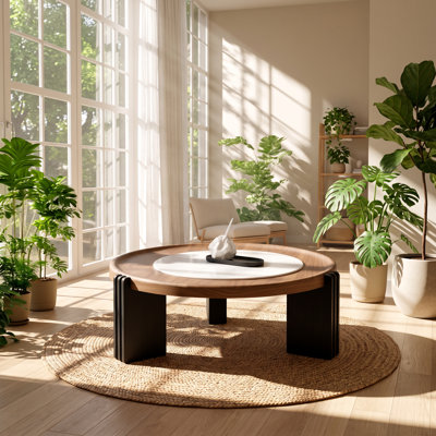 Storage & Style 35.43" W x 35.43" D x 13.78" H Walnut Veneer and Marble Inlay Round Coffee Table