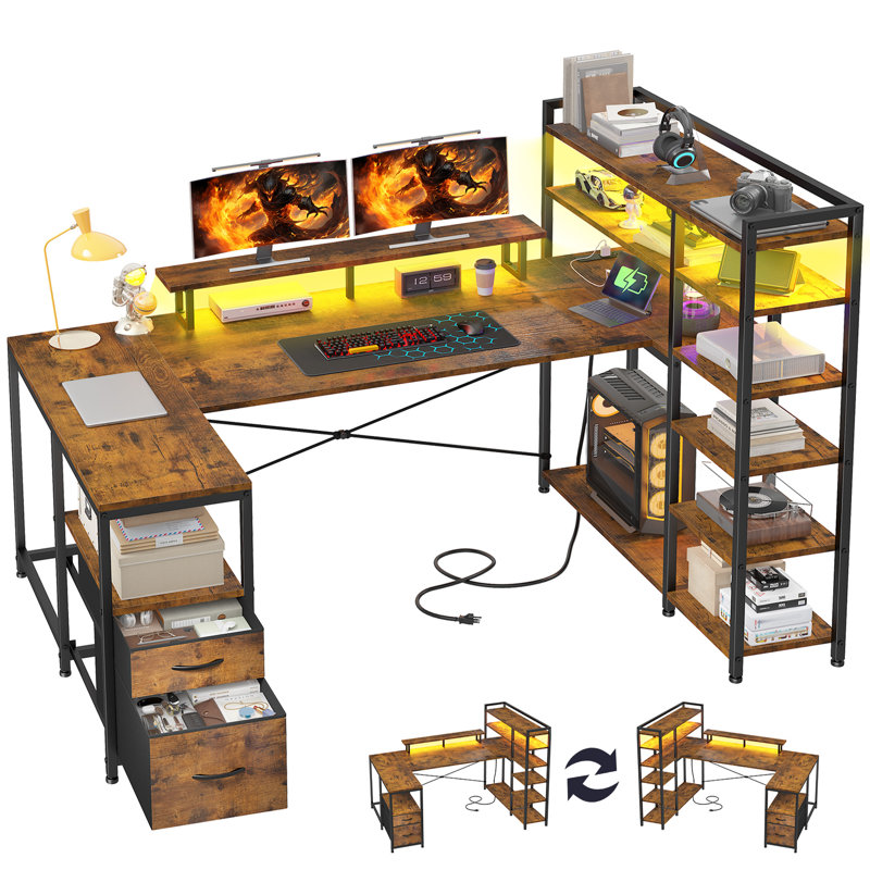 63" Reversible U-Shaped Computer Gaming Desk With Power Outlet & LED Lights, 6-Tier Storage Shelves & 2 Fabric Drawers