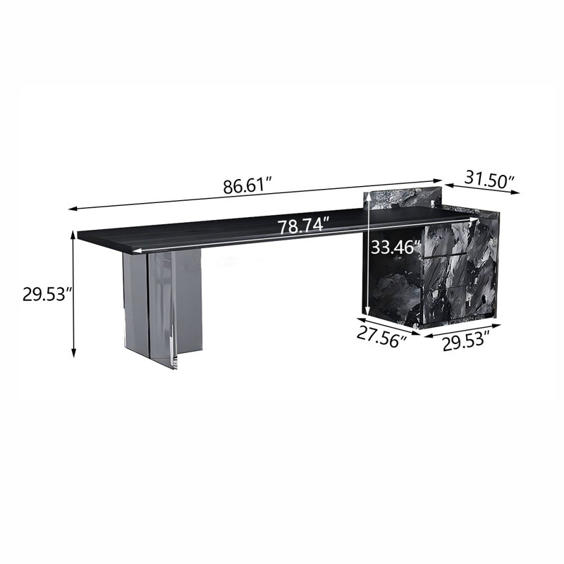 Black Rectangle Sintered Stone Executive Desk with and Cabinet, 29.53" H x 86.61" W x 31.50" D