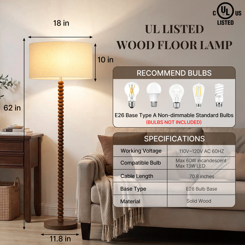 Lampe sur pied sculpturale de 157 cm en bois massif avec tige en perles de bois empilées, abat-jour tambour en lin de 46 cm, finition noyer et interrupteur au pied