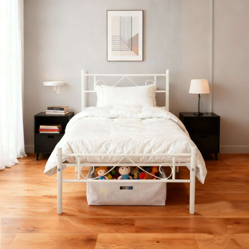 Metal Bed Frame with Beard Design Headboard, Single (3'), White