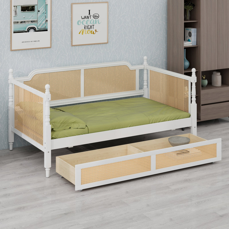 Rattan Traditional Style Daybed with 2 Drawers, Ideal for Small Bedrooms, Antique White