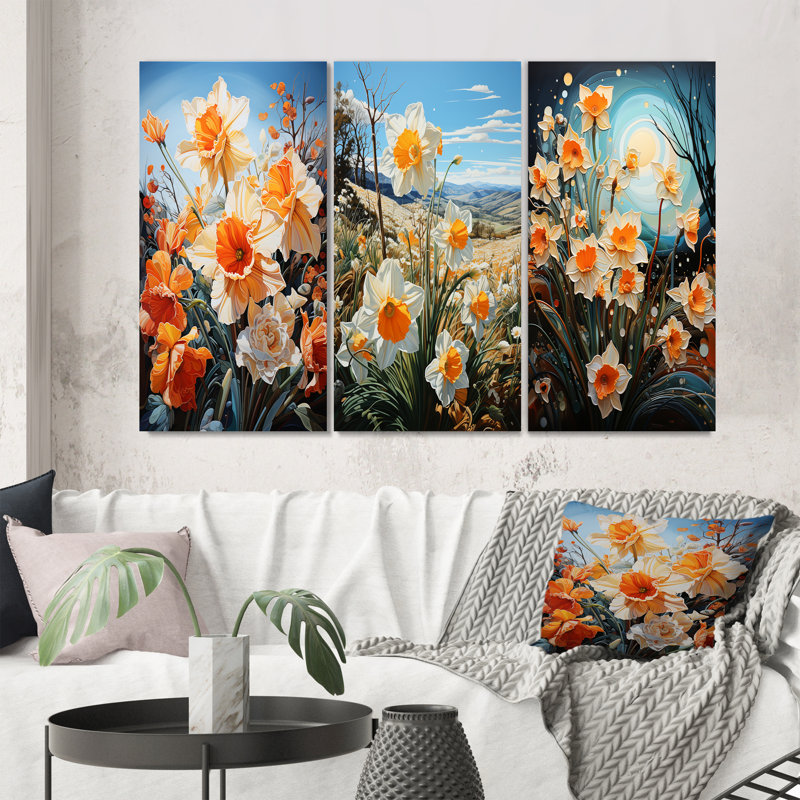 «Daffodils Field Dance», 3 pièces sur toile, H 28 po x l 36 po, Toile tendue