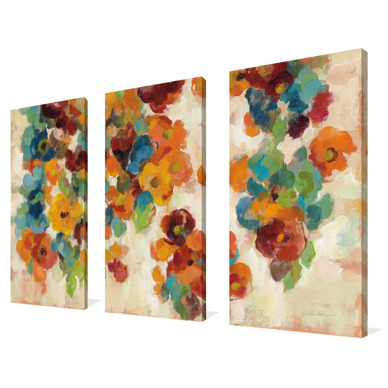 Spice and Turquoise Florals - Ensemble de 3 peintures sur toile tendue, H 32 po x l 48 po x P 0,75 po