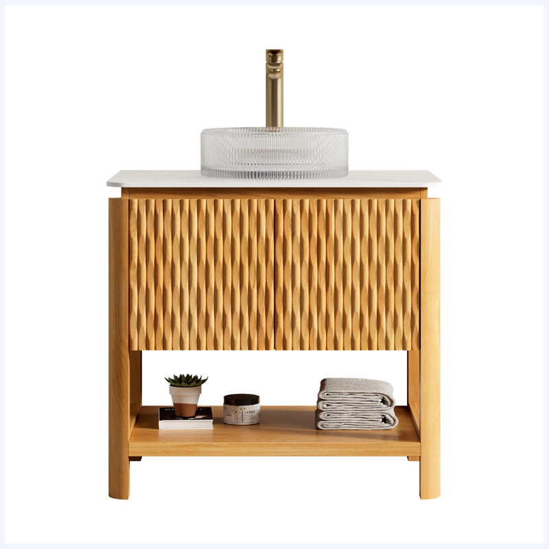 Meuble-lavabo autoportant de 30 po avec lavabo vasque rond en verre transparent, 2 portes en bambou texturé et tablette ouverte, plateau en pierre frittée blanc de Carrare, grain de bois