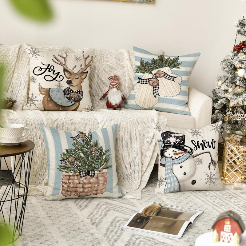 Christmas Reindeer Snowman Eucalyptus Polyester Throw Pillow Covers, 18x18 Inch, Set of 4
