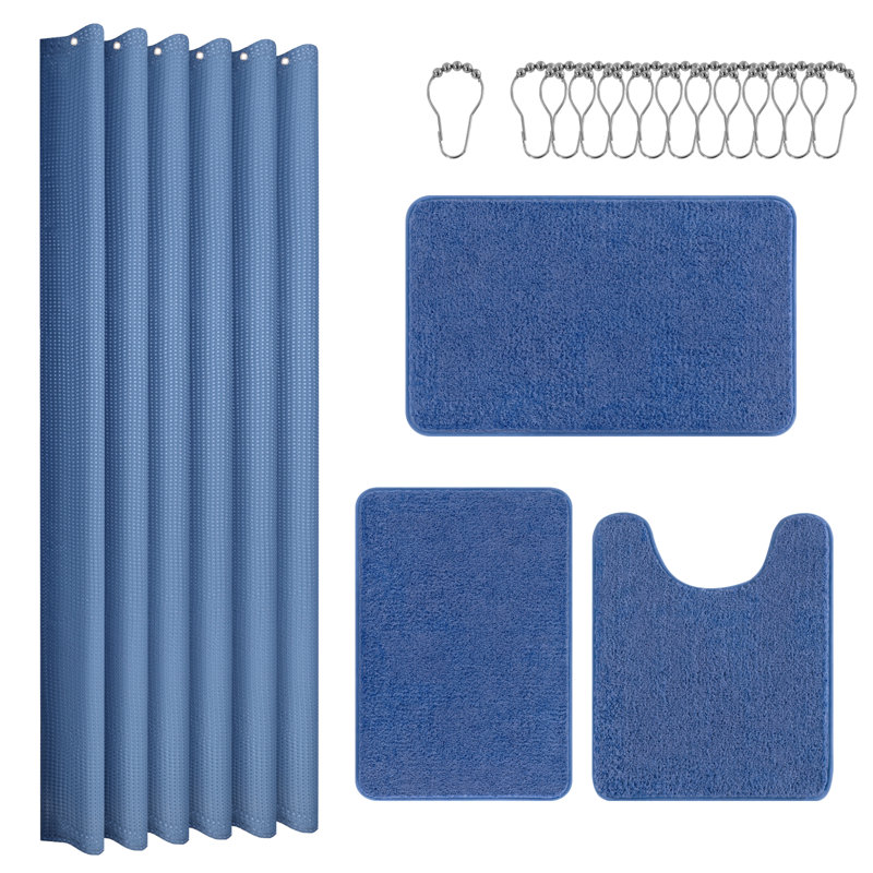 Ensemble de rideau de douche avec tapis, Bleu