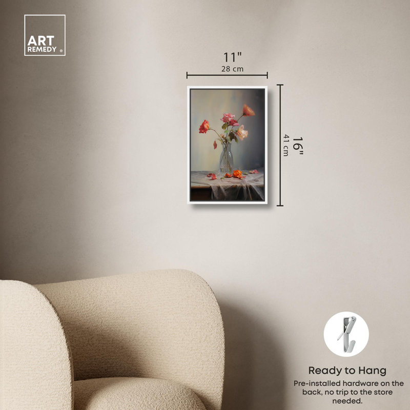 "Petals Are Falling Canvas", art mural floral élégant par Art Remedy, Cadre blanc, H 16 po x l 11 po