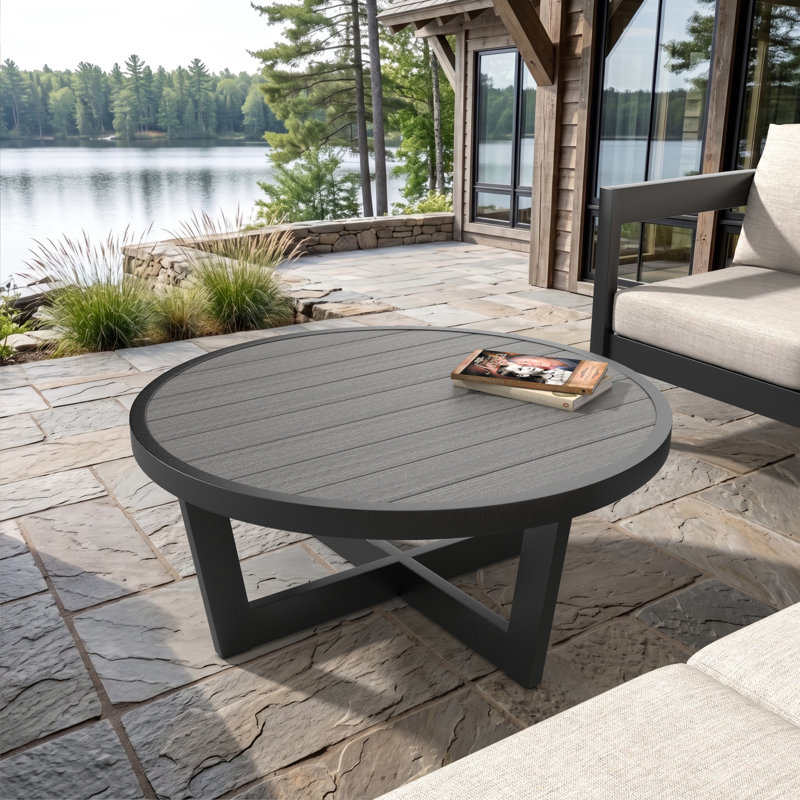 Table basse ronde d'extérieur avec structure en aluminium et plateau à lattes d'aspect bois, Gris côtier