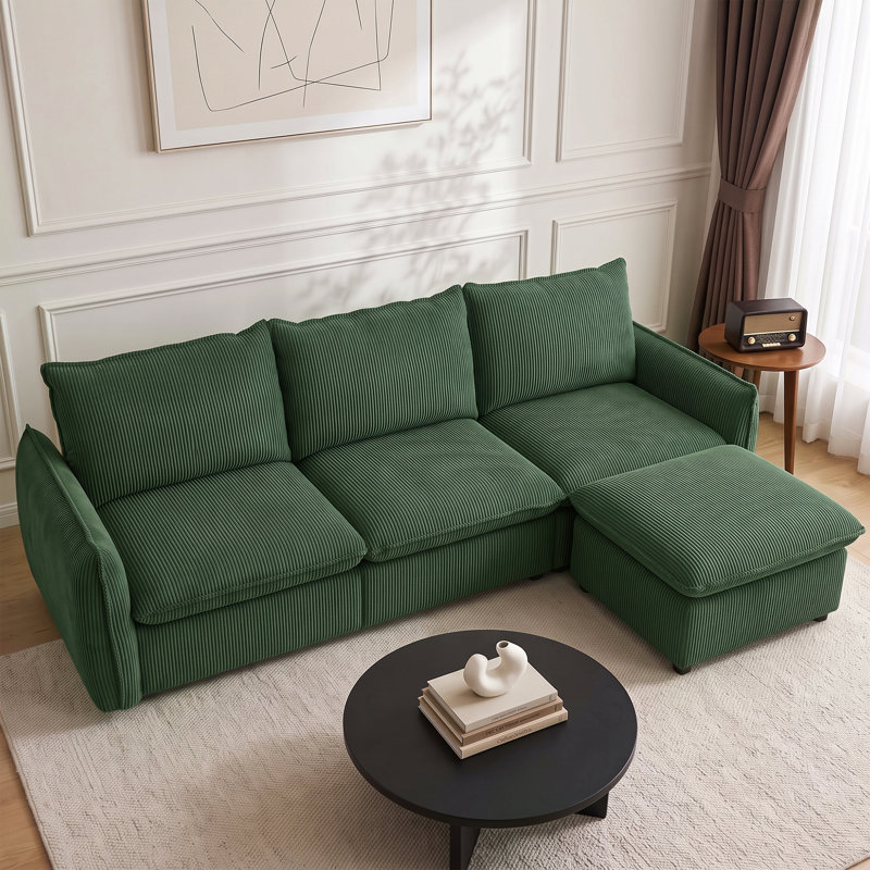 Canapé modulaire en L avec repose-pieds Boucle, Velours côtelé vert