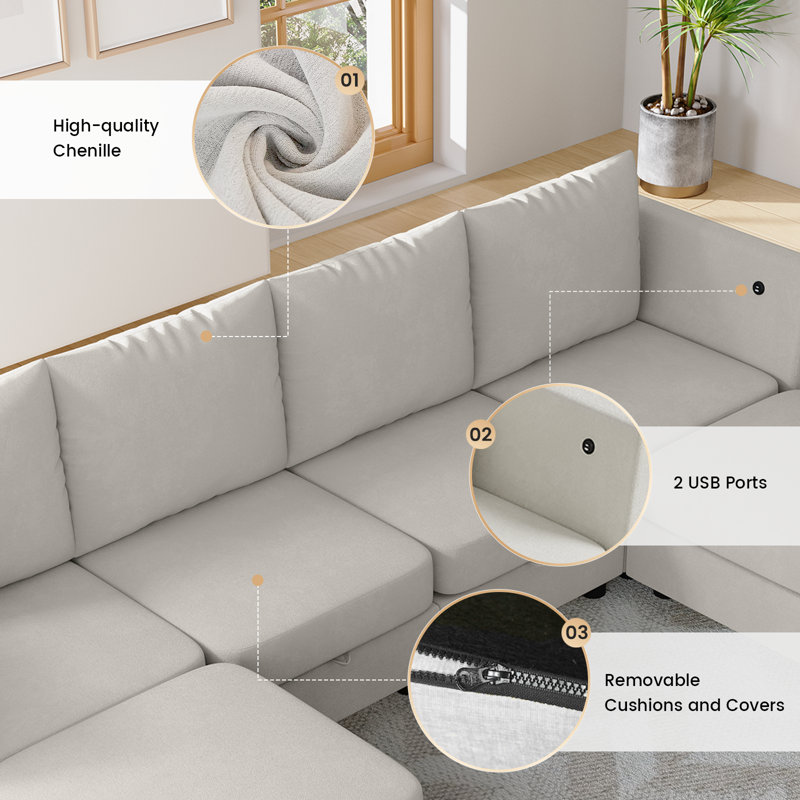 6-Piece U-Shaped Modular Sectional Sofa, Beige Chenille