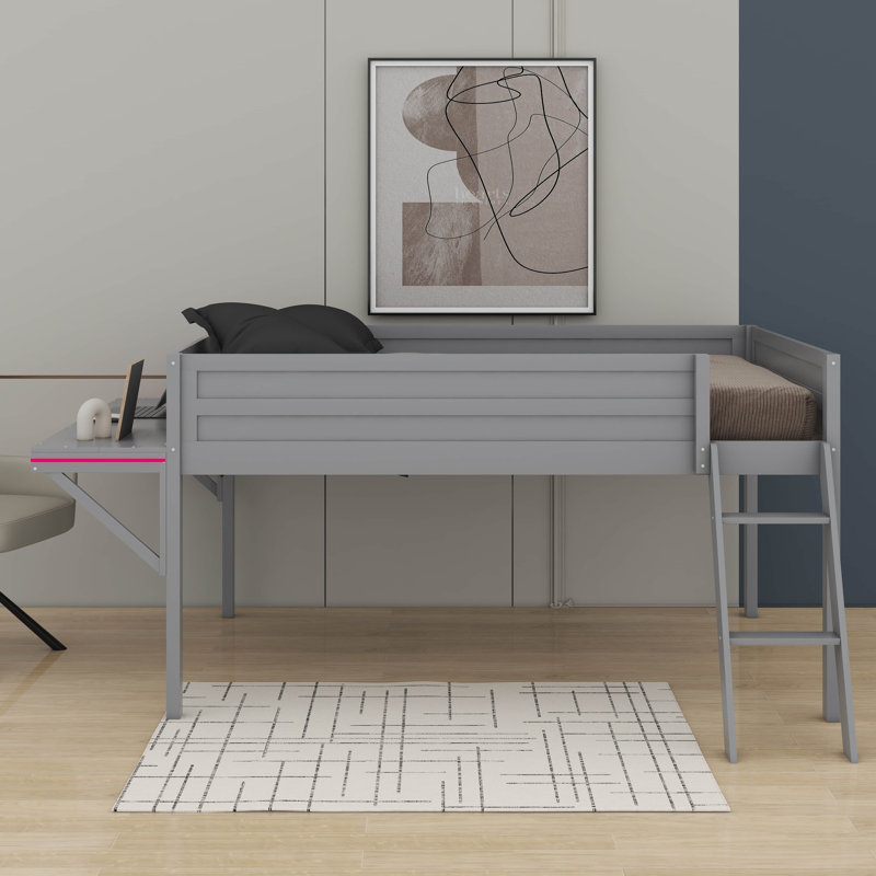 Wood Full Size Gaming Loft Bed With Desk And LED, Full