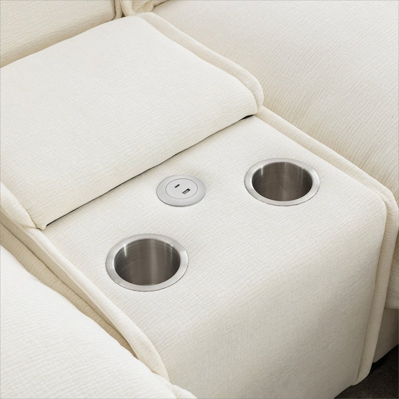 Canapé modulaire en chenille de 111 po avec deux repose-pieds amovibles, deux ports USB, deux porte-gobelets et une grande boîte de rangement pour le salon, beige