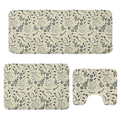  Floral Bathroom Rug Set 3 Pieces U-Shape & Rectangle Mats Charcoal Grey Pale Green