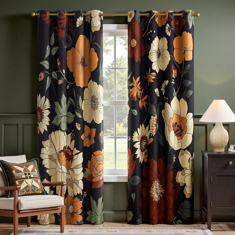 Paire de rideaux occultant à motif floral avec œillets Boho, 52" W X 84" L, Black