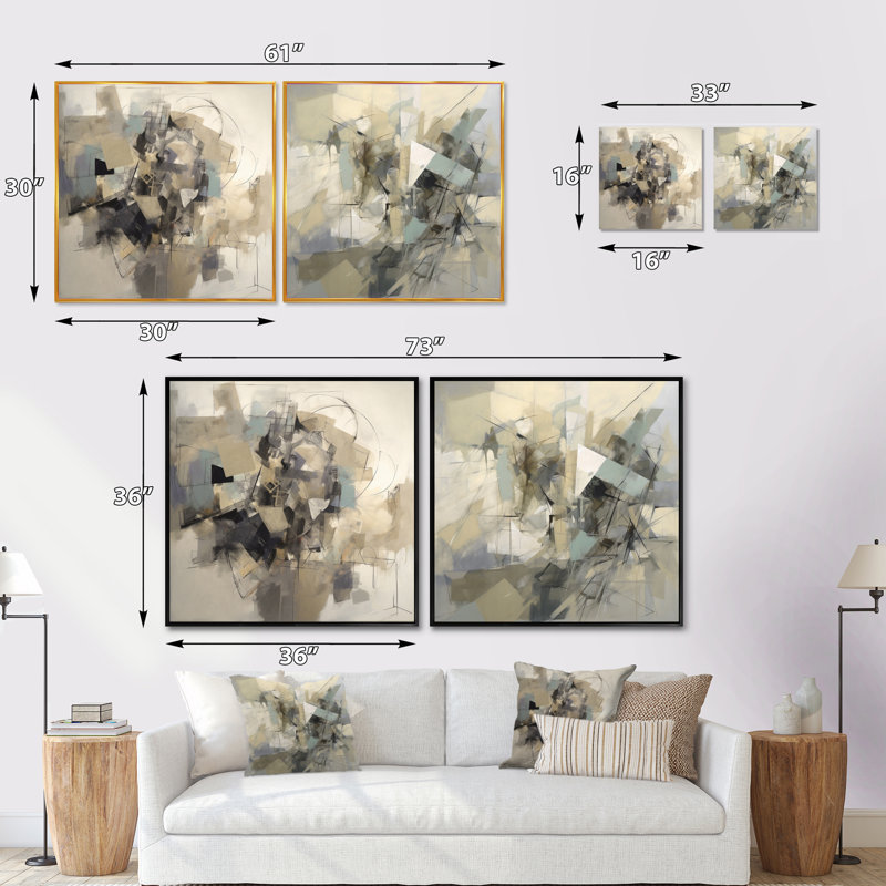 Mélange géométrique gris et beige - ensemble de 2 collages abstraits carrés, Cadre flottant noir, H 36 po x l 73 po