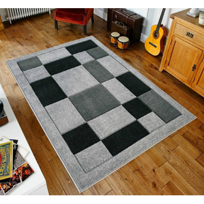 Havana Geometric Grey Black Large Rugs – Modern Living Room Carpet, Bedroom & Hallway Runner | Soft, Non-Shedding, Stain Resistant Floor Mat
