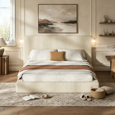 Cloud Upholstered Bed with Sliding Side Shelves, Low Profile Corduroy Platform Bed No Slats Support, Queen Size, Cream [No Slat and Side Table]
