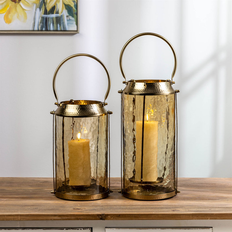 Lanterne ondulée en verre ambré, P 7,25 po x H 13 po