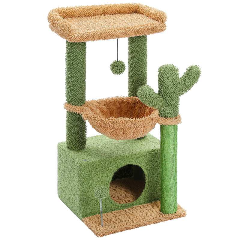 Green and Beige Multi-Level Cat Tower with Hammock and Condo