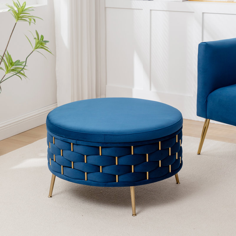 Cristen Upholstered Round Storage Ottoman, Navy
