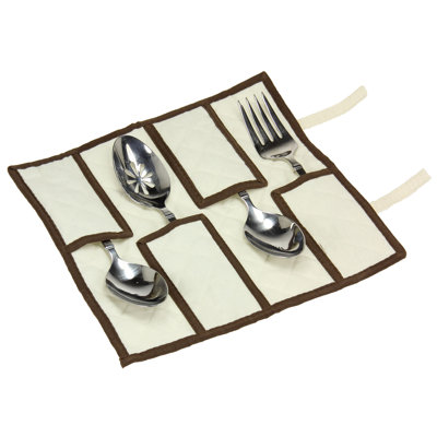 Coffre à couverts crème en toile avec bordure brune