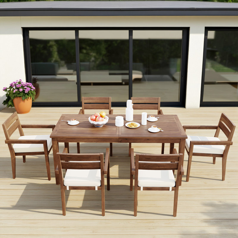 Ensemble repas d'extérieur 7 pièces en bois d'acacia, table résistante aux intempéries grise de 70,9 pouces et 6 fauteuils assortis