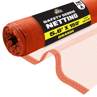 Filet de sécurité orange pour débris, 1,7 m x 45,7 m, maille de 1,6 mm, ignifugé, traité anti-UV, pour échafaudages, contrôle de la poussière, clôture de chantier, brise-vent et protection de site.