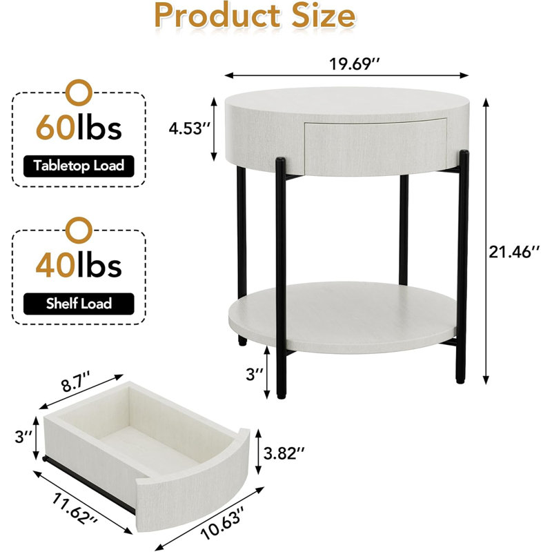 End Table Round Side Table With Drawer Circle End Tables Wooden Bedside Table, White Wood