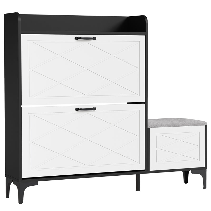 24 Pairs Shoe Storage Cabinet with Cushion Bench and Adjustable Flip Storage Cabinet, Black