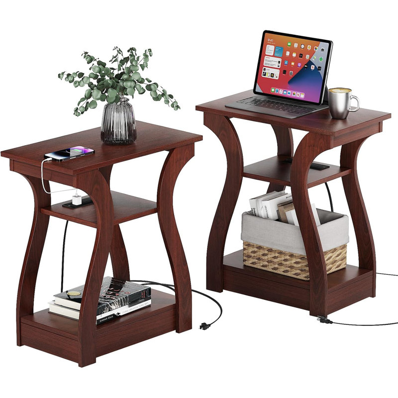 Cherry 3-Tier End Table Set with Charging Station