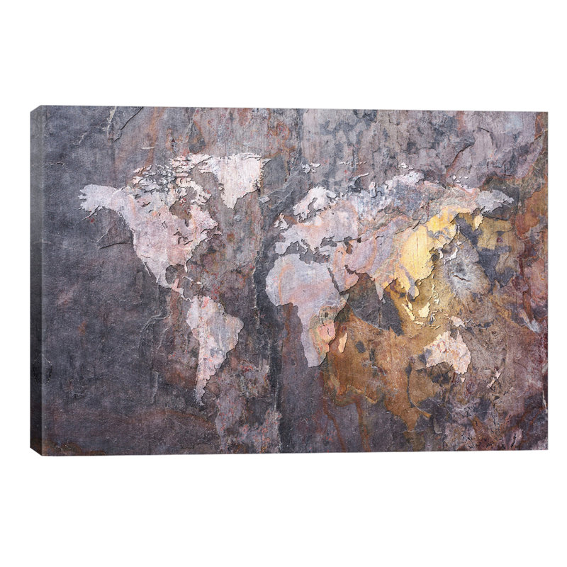 World Map On Stone Background by Michael Tompsett - Painting on Canvas, 66.04 cm H x 45.72 cm W x 1.91 cm D, No Frame