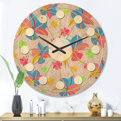 Retro Pink Yellow Flowers - Mid-Century Modern Wood Wall Clock