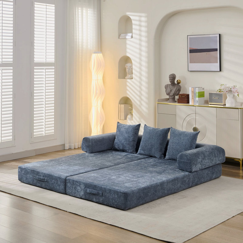 Blue Chenille Convertible Floor Sofa Bed – Folding Mattress Couch with Armrests (For Living Room/Bedroom/Studio), Blue
