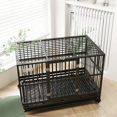 Heavy Duty 48" Metal Dog Cage Kennel With Lockable Wheels, Double Door And Removable Tray, Grey For Large Crate Kennel, Tray