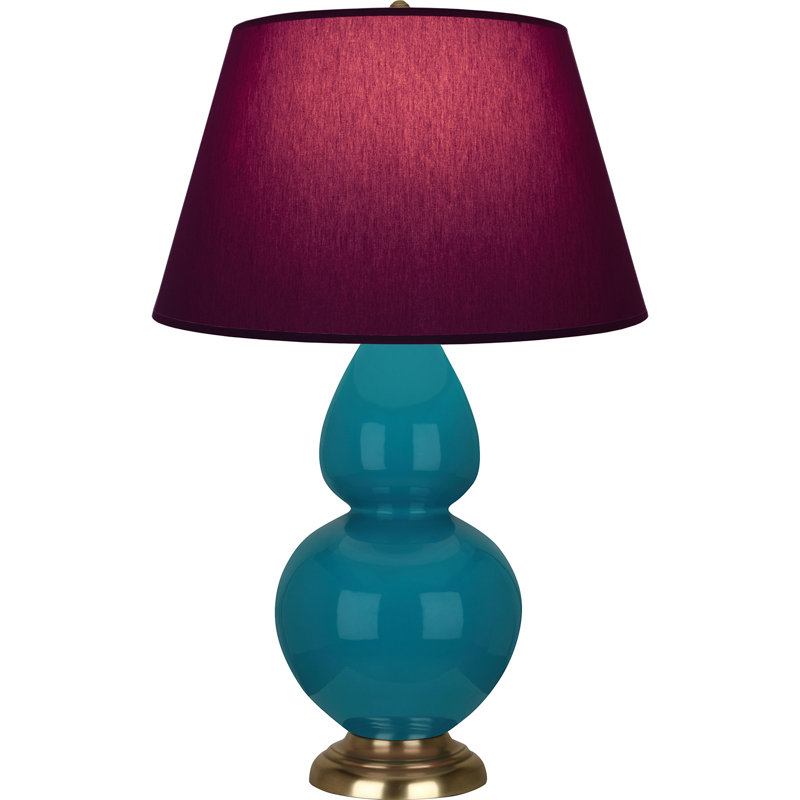 Lampe de table double gourde en céramique, Paon verni / laiton, Prune / lavande, Laiton