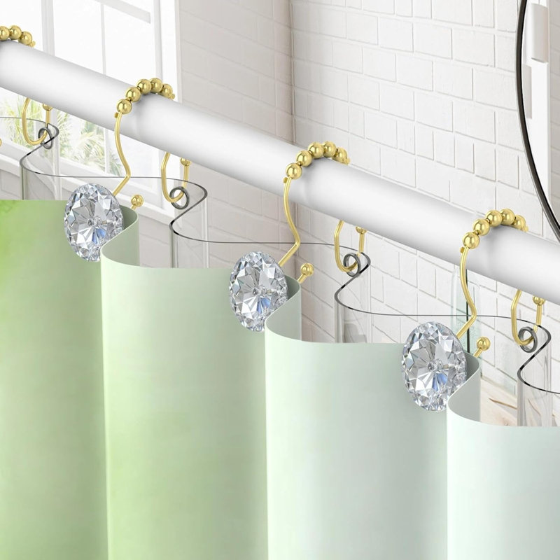 Paquet de 12 crochets de rideau de douche en cristal - Anneaux de rideau de douche double en acier inoxydable doré, crochets de douche décoratifs en métal pour rideau et doublure, accessoires de quincaillerie de salle de bain antirouille