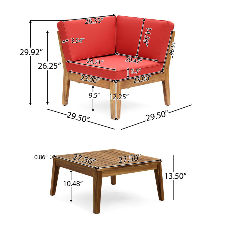 Table basse rouge - en bois, avec siège à lattes et coussins d'eau, table d'angle multicolore, modulaire et modulaire