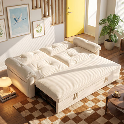 70.9" 3-in-1 Convertible Sleeper Sofa Bed, Pull Out Couch with 5-Position Adjustable Backrest, Removable Washable Covers and Side Pockets, Cream