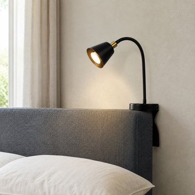 Black and Golden rechargeable headboard lamp for bedtime reading, built around an innovative movable, flexible No-Drilling setup and a Dimmable LED light with Bulb