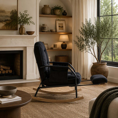 Fauteuil à bascule en velours côtelé pour chambre d'enfant avec repose-pieds escamotable, dossier réglable de 100° à 160°, fauteuil inclinable à bascule surdimensionné avec poche latérale et coussin lombaire, cadre en métal pour salon ou chambre à coucher, noir.
