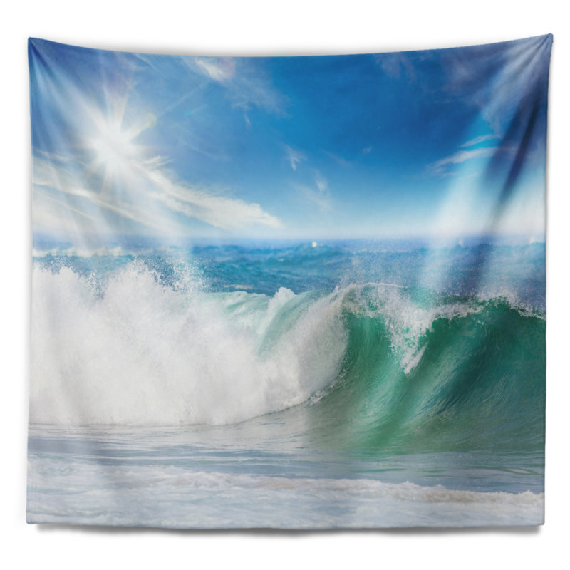 Seascape blanc et ondes bleues sous soleil tapisserie, H 78 po x l 92 po