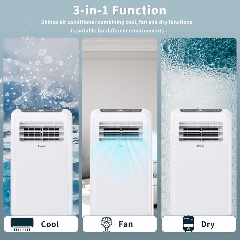 Shinco 10,000 BTU(ASHRAE) Portable Air Conditioner(Copper Tube) - 3-in-1 Cool/Dehumidifier/Fan for Rooms Up to 400 sq.ft, Remote Control & 24H Timer, Compact AC Unit for Bedroom/Office, White