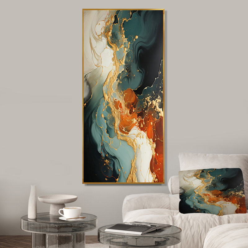 Tempête de pierre orange IV - art mural abstrait, Cadre flottant doré, H 60 po x l 28 po x P 1,5 po